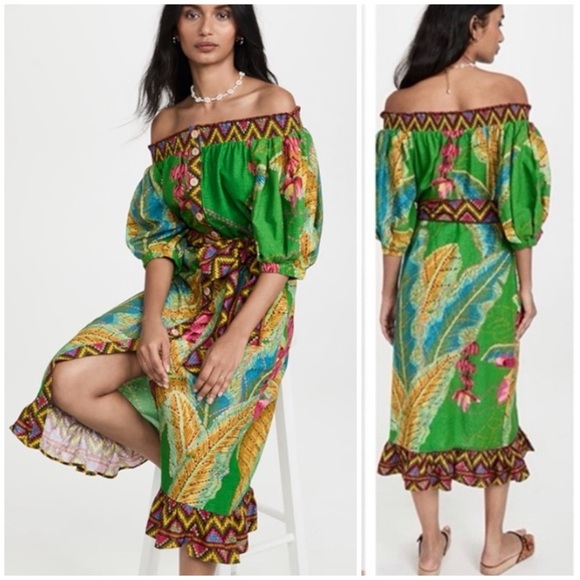 FARM Rio Banana Leaves Off Shoulder Midi Dress SZ XL - Picture 2 of 7